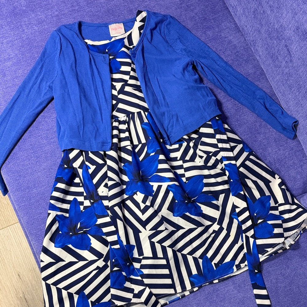 Chic Blue and White Kids Dress with Cardigan